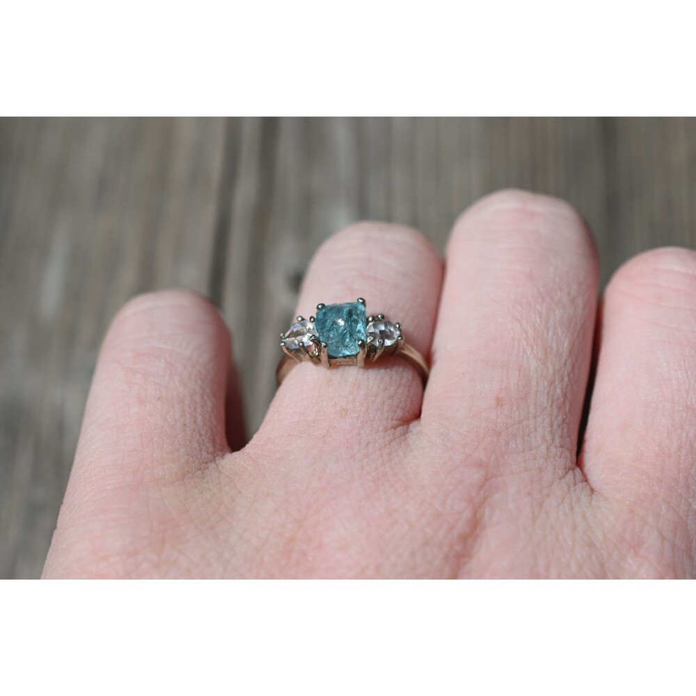 Raw Herkimer Diamond and Aquamarine Engagement Rings size 7 anniversary gift for